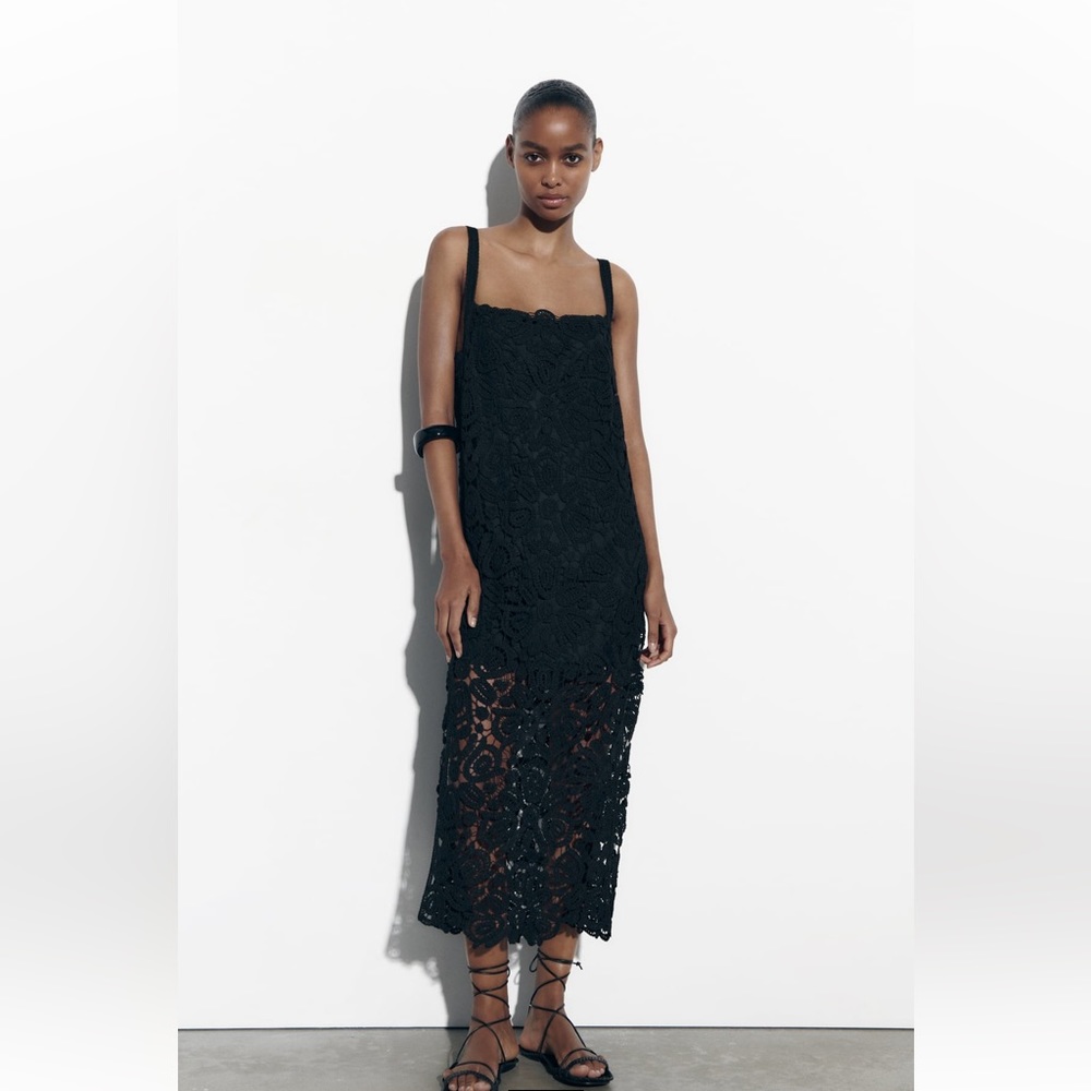 Zara MACRAMÉ KNIT DRESS. Black. Size S. New with Tags.